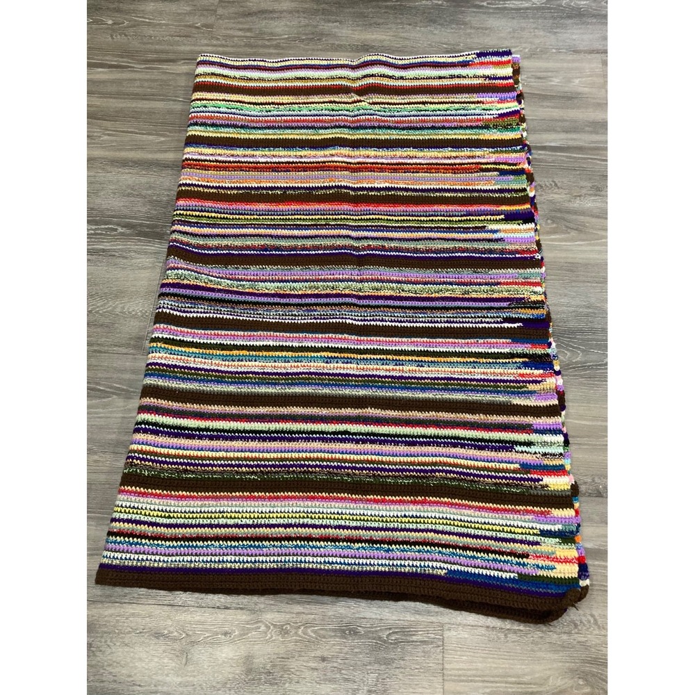 Vintage Handmade Crochet Scrap Yarn Blanket Twin Bedspread Rainbow Stripe Afghan